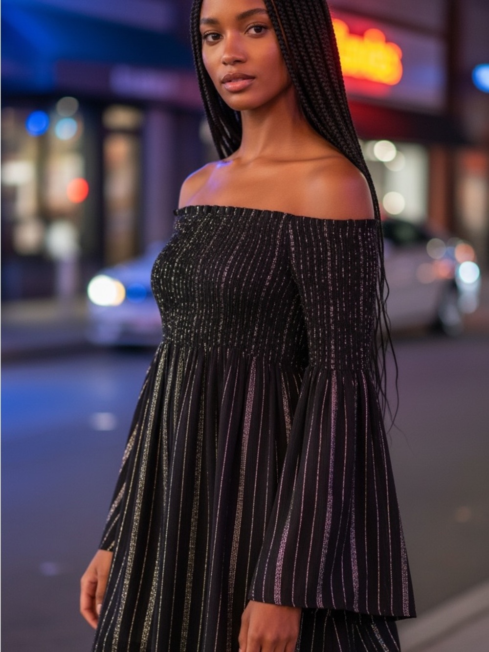 L- Off-Shoulder Black Silver Sparkle Midi Dress